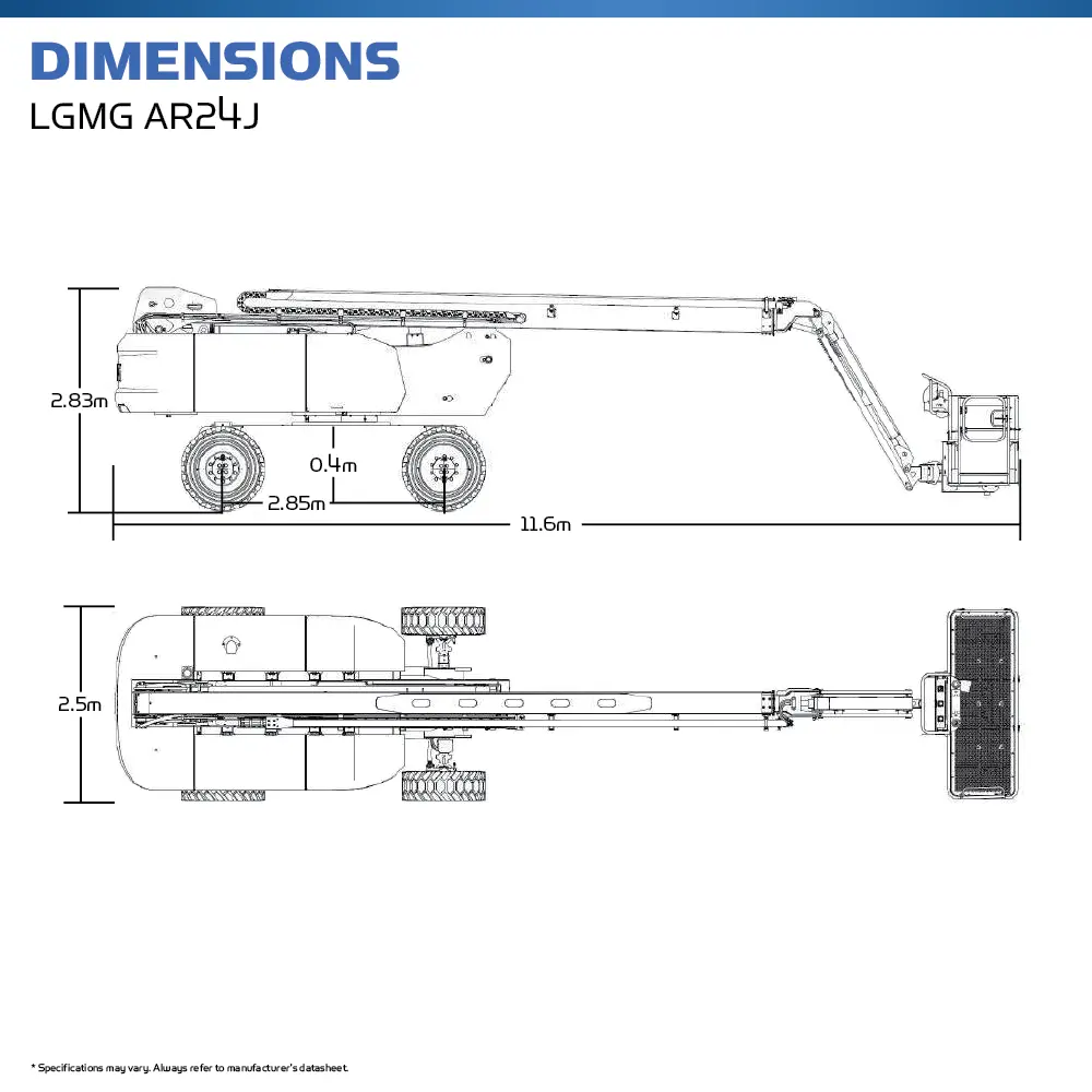 LGMG AR24J - Dimensions - Diesel Articulated Boom Lift - Hire Safe Solutions
